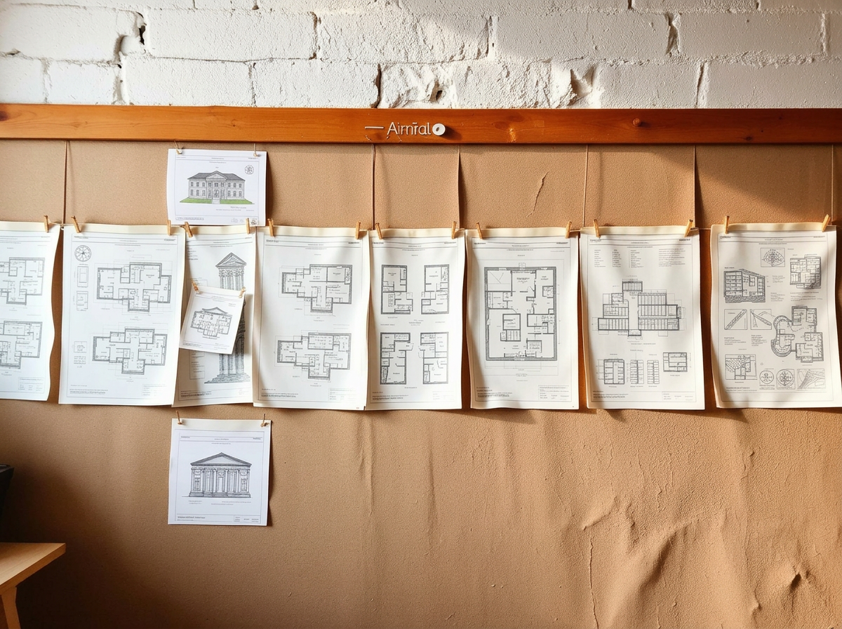 Wall of pinned architectural drawings
